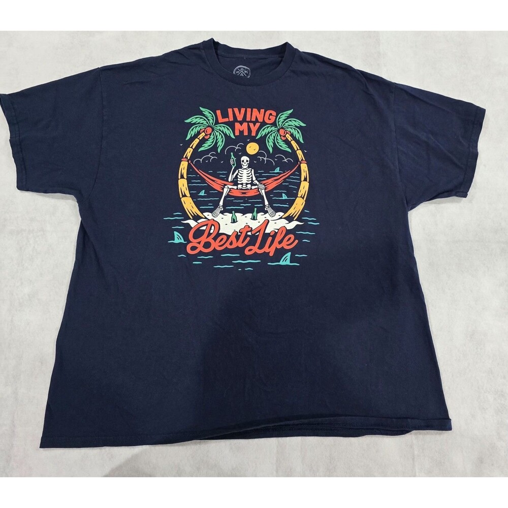 DOM Living My Best Life Palm Trees Beer Skeleton Ocean Tropical T Shirt Size 2XL